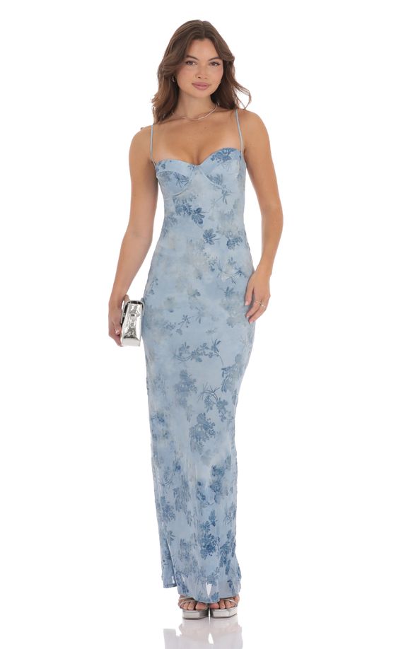 Velvet Floral Maxi Dress in Blue