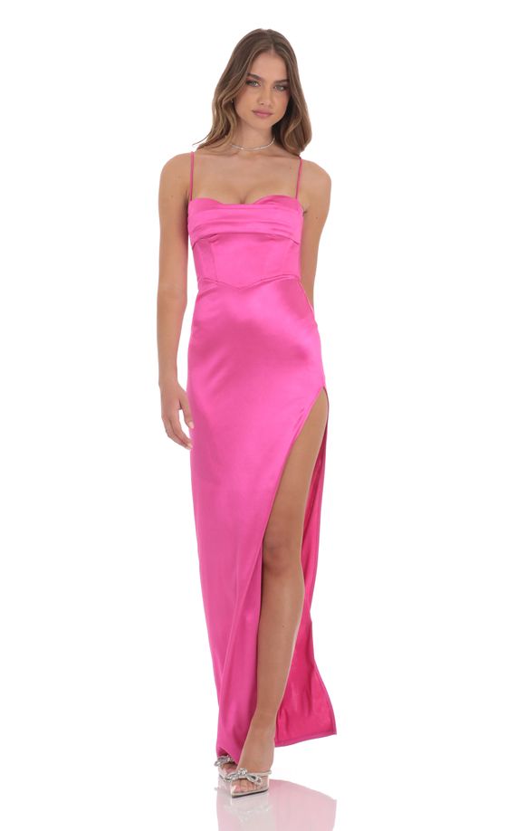 Satin Corset Maxi Dress in Hot Pink