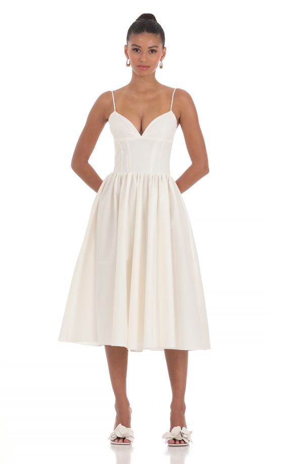 Corset V-Neck Midi Dress in Ivory