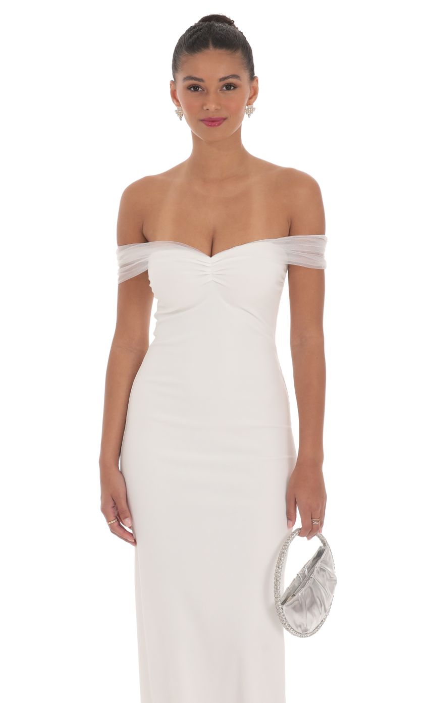 Picture Tulle Off Shoulder Sleeve Maxi Dress in White. Source: https://media-img.lucyinthesky.com/data/Mar24/850xAUTO/1674ed1c-f465-4313-a406-909ec4706e12.jpg