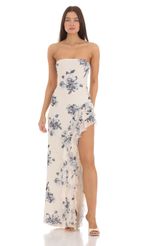 Picture of Floral Mesh Strapless Triple Ruffle Maxi Dress in Blue