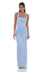 Picture of Satin Halter Maxi Dress in Light Blue