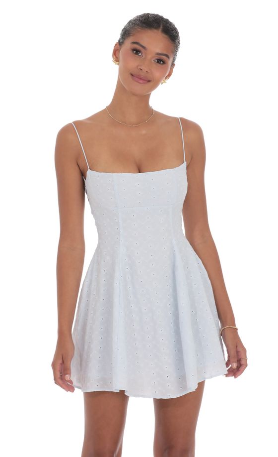 Floral Eyelet Fit and Flare Dress in Light Blue