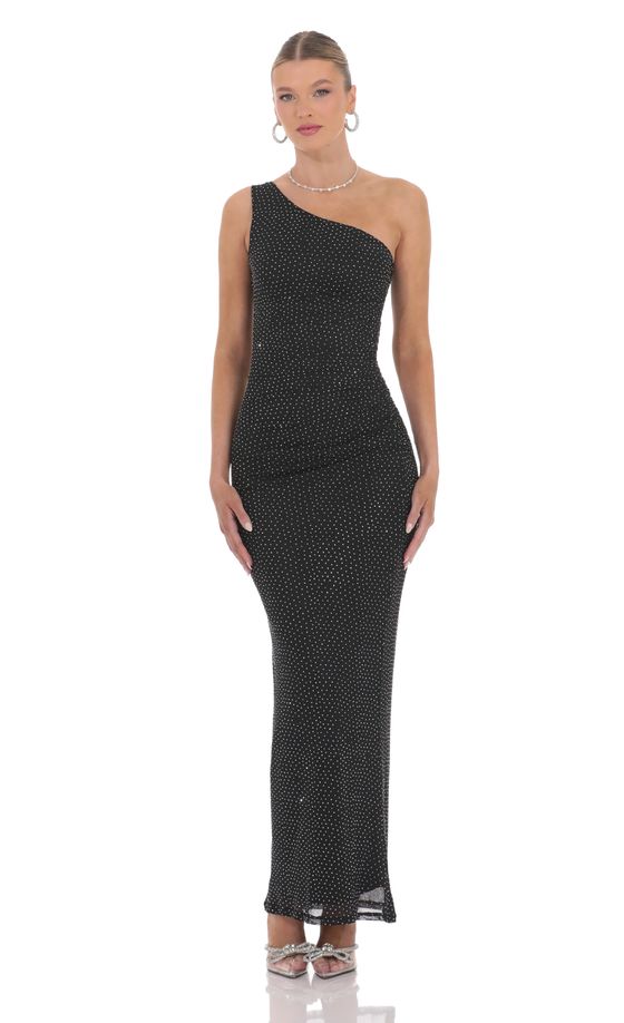 One Shoulder Rhinestone Maxi Dress in Black
