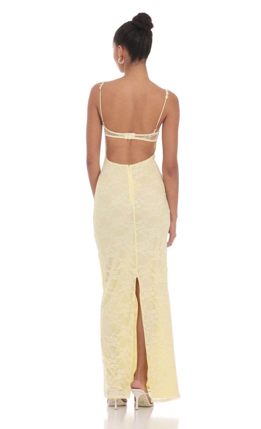 Picture Lace Floral Trim Maxi Dress in Yellow. Source: https://media-img.lucyinthesky.com/data/May24/850xAUTO/2610bd08-96fb-4679-b1aa-22c808fe665f.jpg