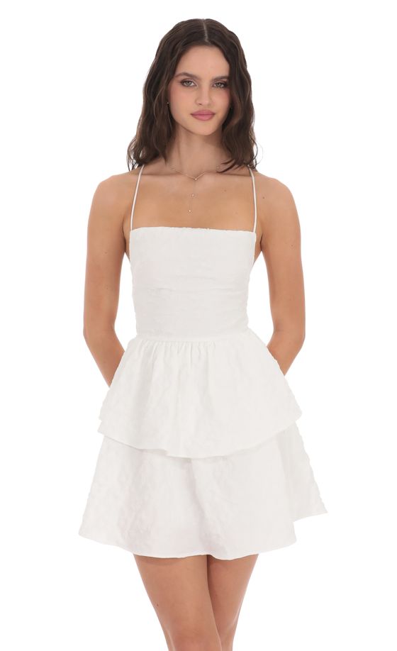 Textured Floral Lace Up Dress in White