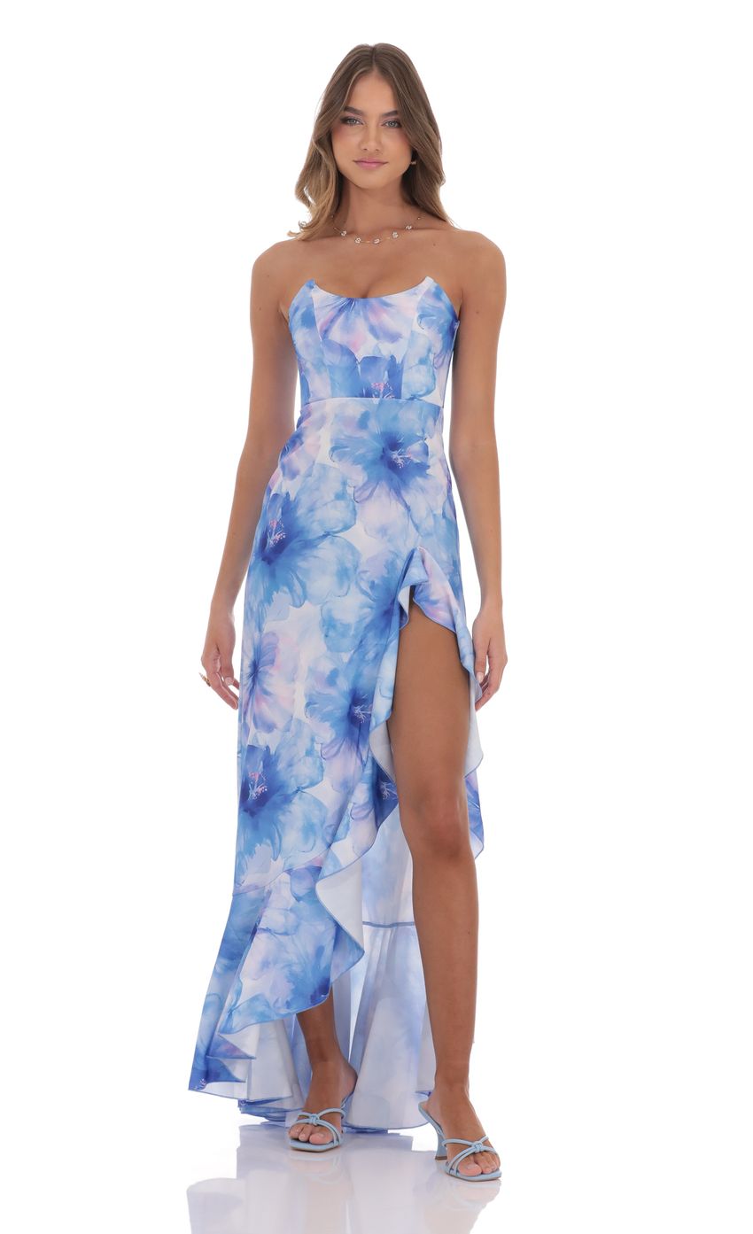 Picture Floral Ruffle Slit Strapless Corset Maxi Dress in Blue. Source: https://media-img.lucyinthesky.com/data/product-media/850xAUTO/3df2c751-a00d-463e-9820-1967615a1ada.jpg