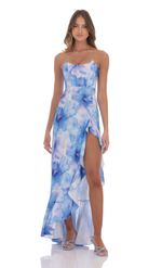 Picture of Floral Ruffle Slit Strapless Corset Maxi Dress in Blue