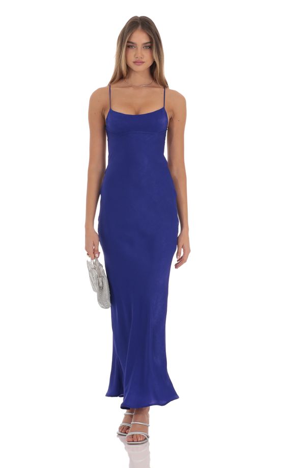 Satin Open Back Maxi Dress in Indigo