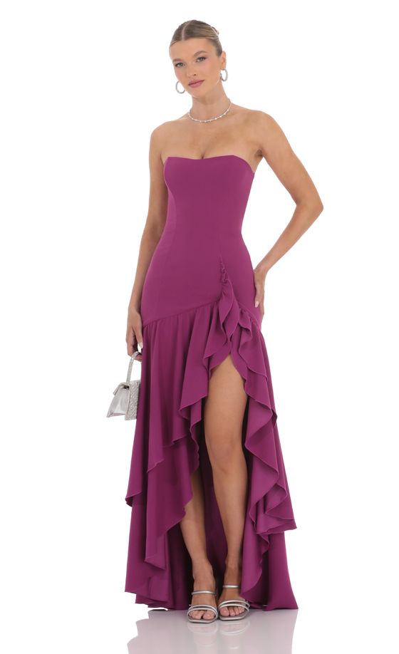 Fishtail Strapless Corset Maxi Dress in Plum