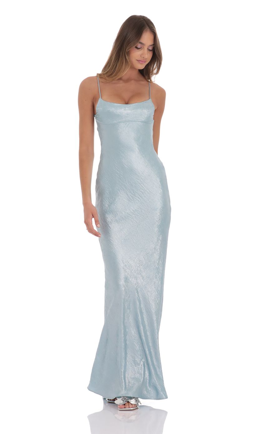 Picture Crinkle Satin Open Back Maxi Dress in Sky Blue. Source: https://media-img.lucyinthesky.com/data/product-media/850xAUTO/49b27dff-911a-4150-850e-61643e6a8251.jpg