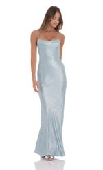 Picture of Crinkle Satin Open Back Maxi Dress in Sky Blue