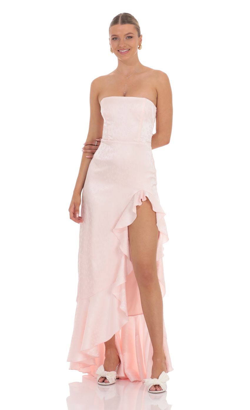 Picture Satin Jacquard Back Bow Corset Maxi Dress in Pink. Source: https://media-img.lucyinthesky.com/data/product-media/850xAUTO/4b3b33cd-8cdb-4694-ad37-28f1d3e8061a.jpg