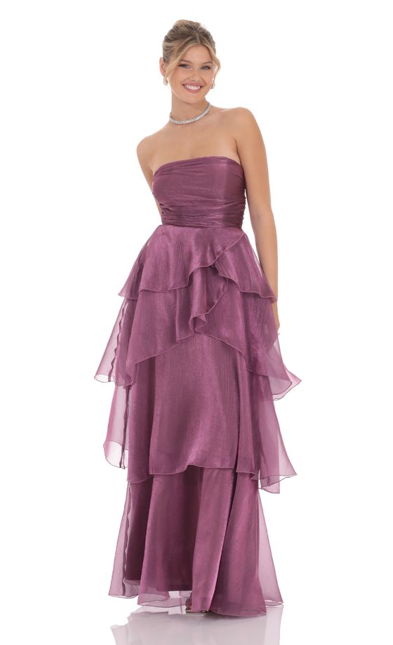 Corset Petal Ruffle Strapless Maxi Dress in Purple