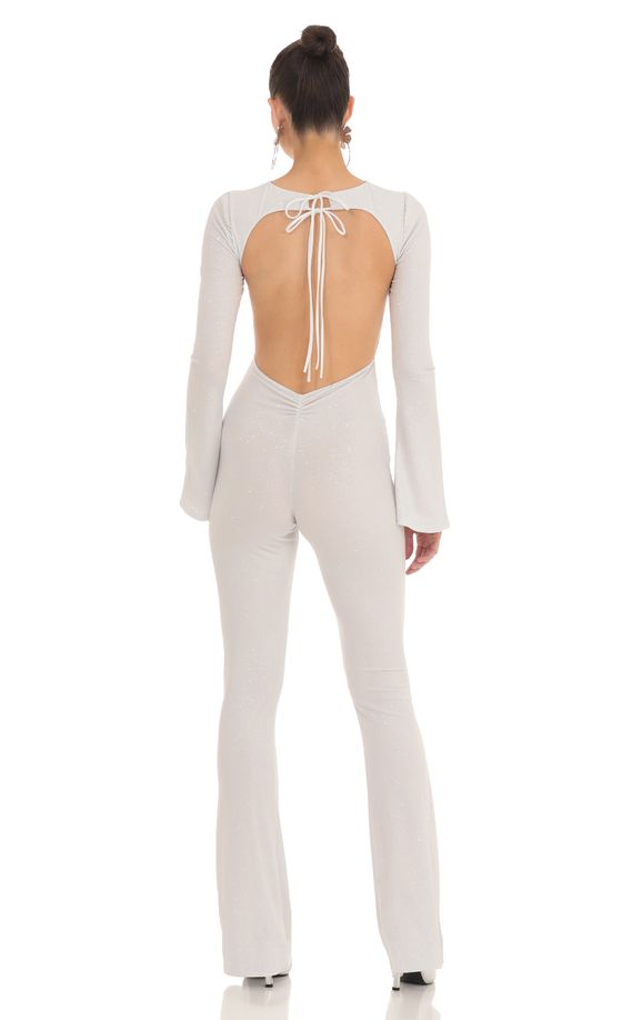 Silver Shimmer Open Back Jumpsuit in White