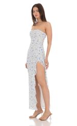 Picture of Strapless Ruffle Slit Dress in Blue