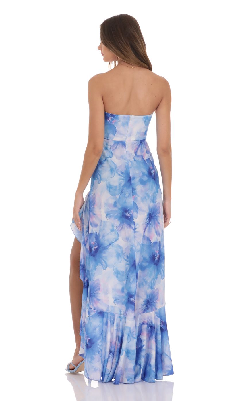 Picture Floral Ruffle Slit Strapless Corset Maxi Dress in Blue. Source: https://media-img.lucyinthesky.com/data/product-media/850xAUTO/77e1cdd7-c3c5-43ca-9d29-0766e9b3461f.jpg