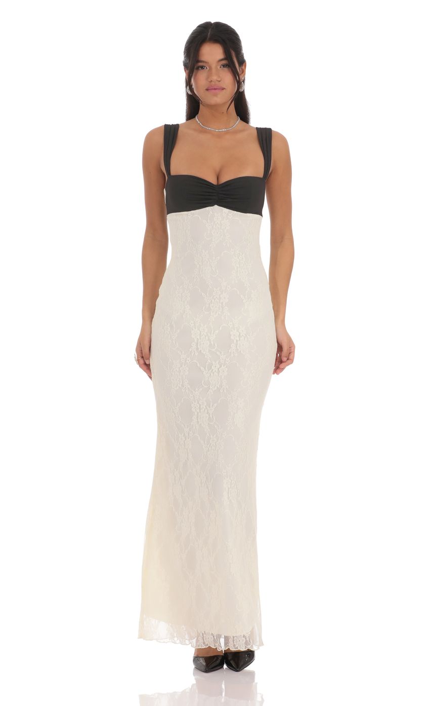 Picture Two-Toned Lace Maxi Dress in Cream. Source: https://media-img.lucyinthesky.com/data/product-media/850xAUTO/78bb1c52-7bf3-42de-be3e-3918ea3afd6a.jpg
