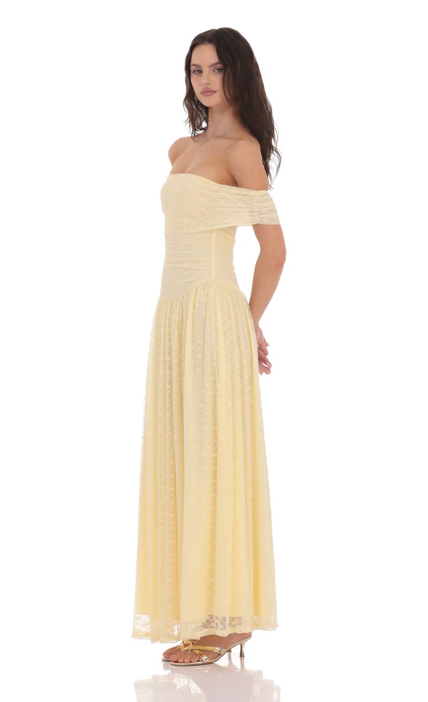 Picture Lace Off Shoulder Maxi Dress in Yellow. Source: https://media-img.lucyinthesky.com/data/product-media/850xAUTO/7ddcab37-7e0d-41e1-a606-a17722aafa3c.jpg