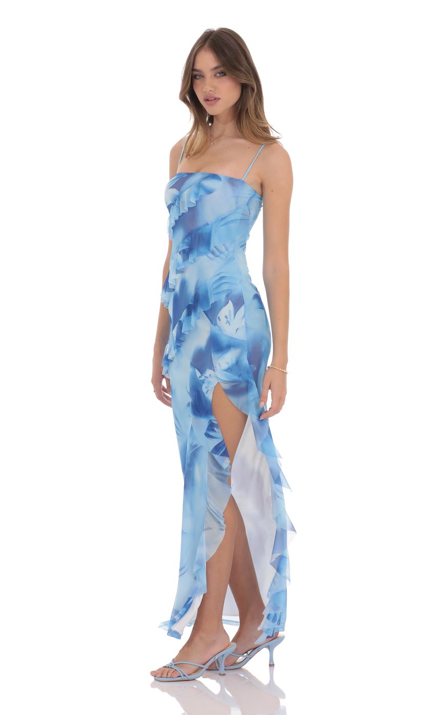 Picture Floral Ruffle Mesh Square Neck Maxi Dress in Royal Blue. Source: https://media-img.lucyinthesky.com/data/product-media/850xAUTO/824f5eb9-4ce0-4e6c-a1f6-1007f775d7fd.jpg