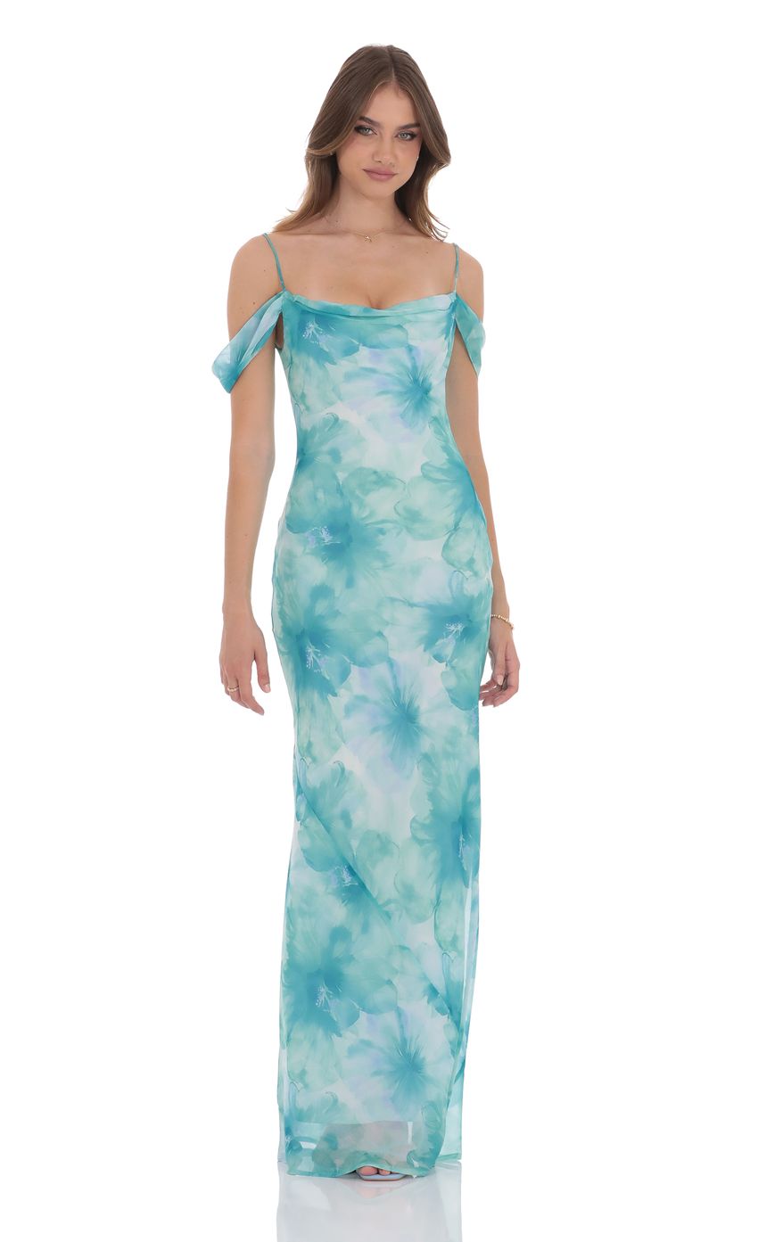 Picture Floral Off Shoulder Maxi Dress in Aquamarine. Source: https://media-img.lucyinthesky.com/data/product-media/850xAUTO/842c2a60-86a3-4325-b3bf-a663caafcbd5.jpg