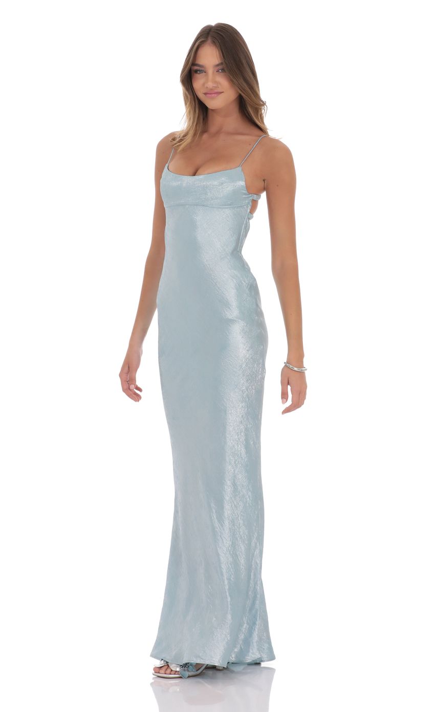 Picture Crinkle Satin Open Back Maxi Dress in Sky Blue. Source: https://media-img.lucyinthesky.com/data/product-media/850xAUTO/84d96720-6576-4ab2-bb3a-6a7e567f7350.jpg
