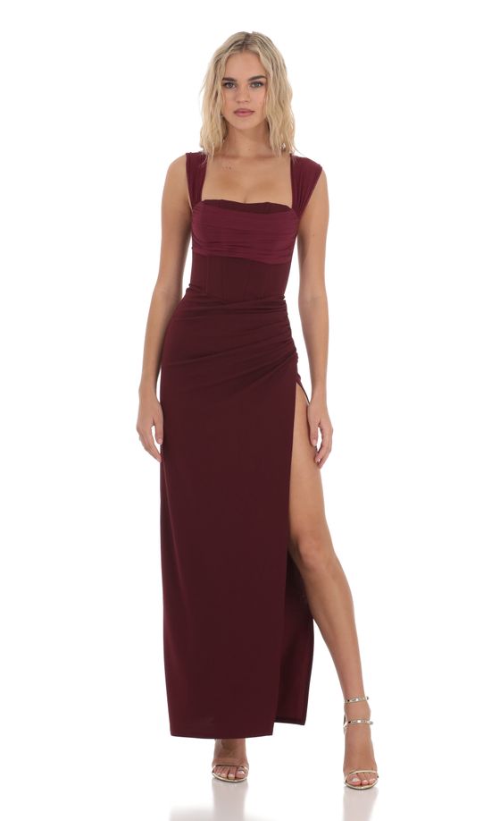 Mesh Draped Corset Maxi Dress in Burgundy