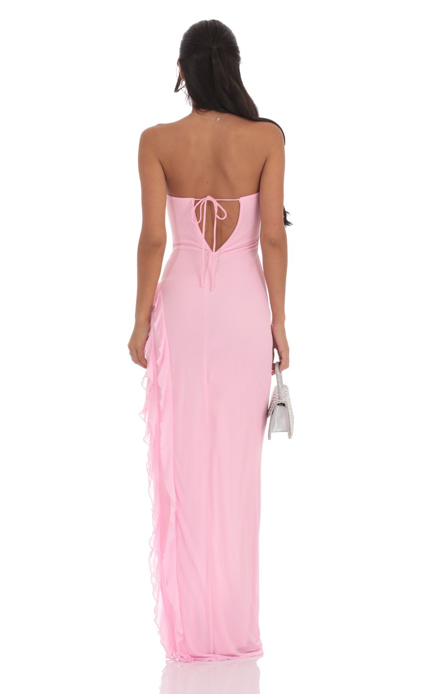 Picture Mesh Strapless Triple Ruffle Maxi Dress in Pink. Source: https://media-img.lucyinthesky.com/data/product-media/850xAUTO/8dd722b7-f142-46c9-8ff6-3475a13c1485.jpg