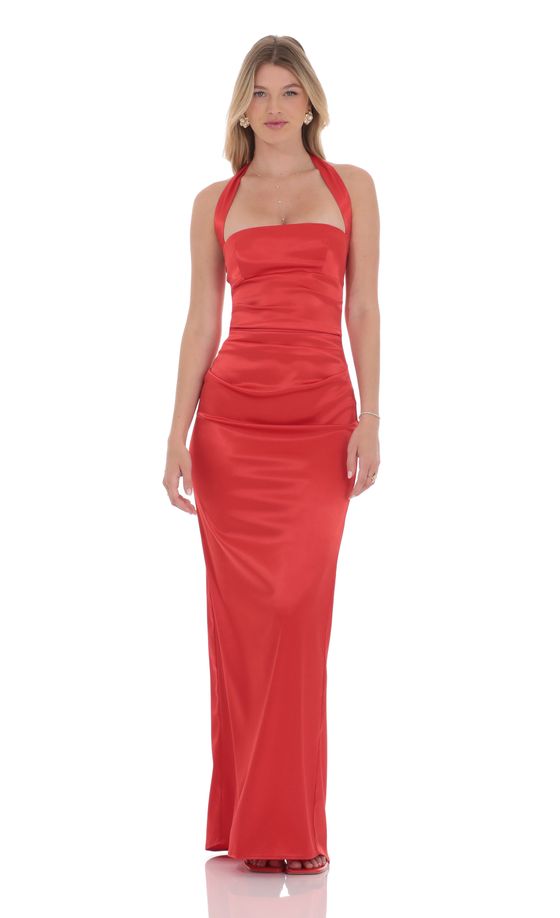 Satin Halter Maxi Dress in Red