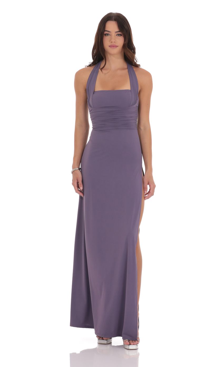 Picture Halter Ruched Maxi Dress in Purple Smoke. Source: https://media-img.lucyinthesky.com/data/product-media/850xAUTO/98f63c0e-1d27-4d59-8c06-987a0b8d176b.jpg