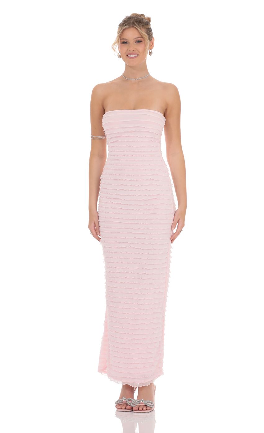 Picture Strapless Ruffle Maxi Dress in Pink. Source: https://media-img.lucyinthesky.com/data/product-media/850xAUTO/9dd280d8-a4c0-477a-859e-2d54ef1ed4c0.jpg