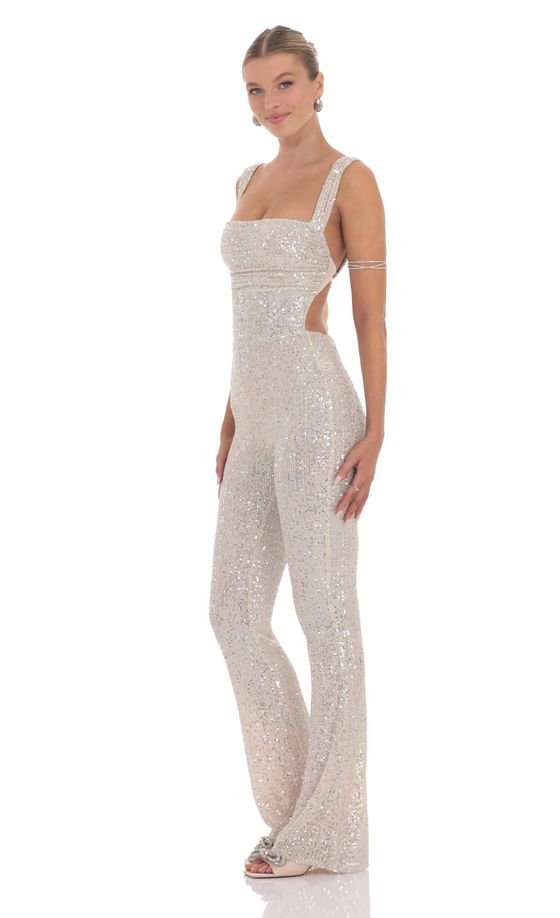 Sequin Back Tie Jumpsuit in Champagne