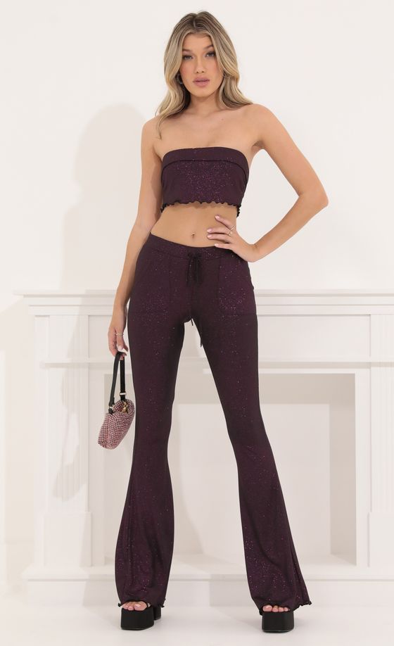 Purple Glitter Two Piece Pant Set in Black