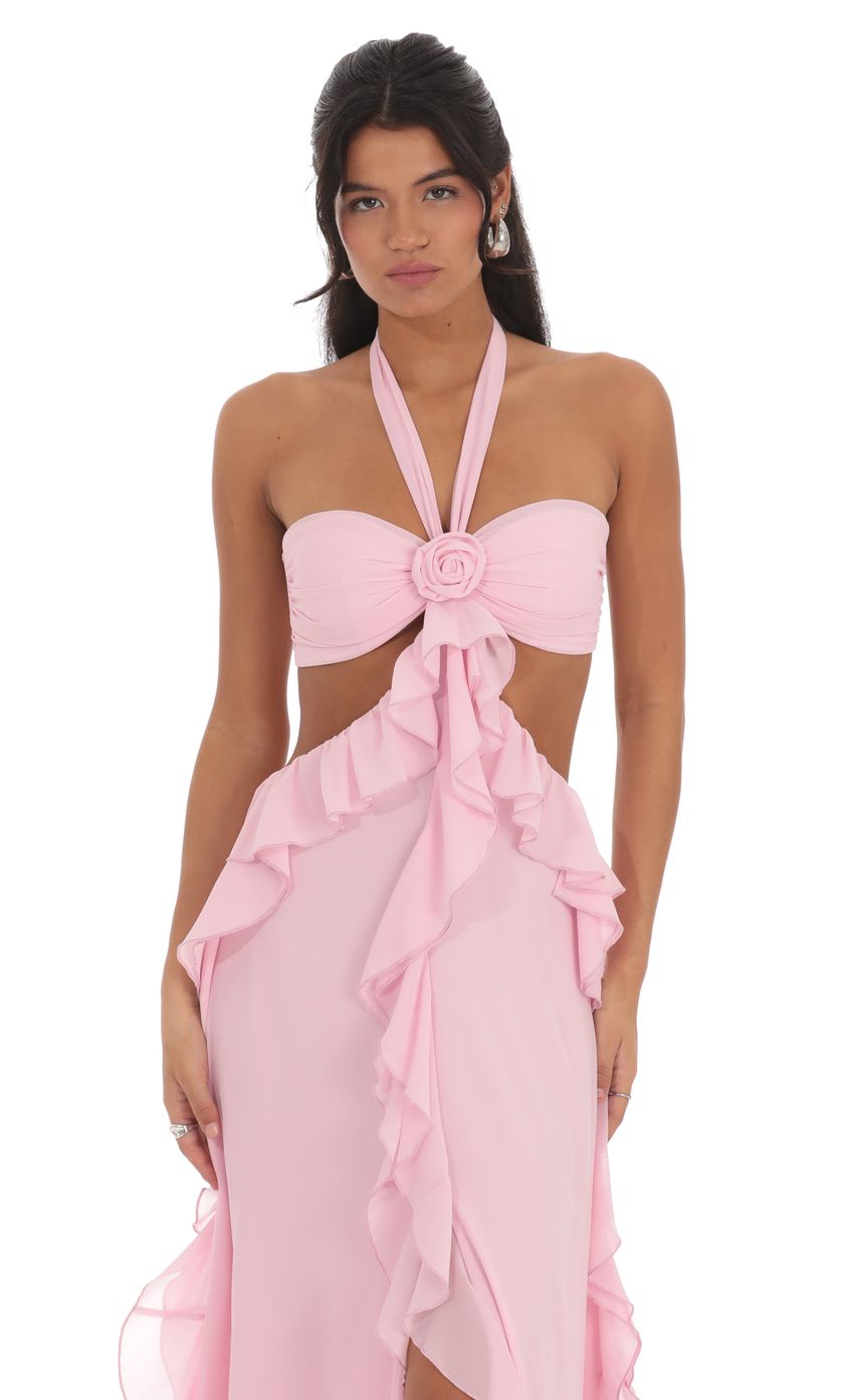 Picture Chiffon Cutout Ruffle Maxi Dress in Pink. Source: https://media-img.lucyinthesky.com/data/product-media/850xAUTO/a8e2dd29-a675-4bde-835b-6ae29d0140a2.jpg