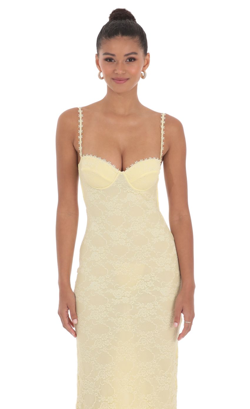 Picture Lace Floral Trim Maxi Dress in Yellow. Source: https://media-img.lucyinthesky.com/data/May24/850xAUTO/aa8c0a7f-b113-4064-aab3-a1cc46e0bde3.jpg
