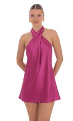 Picture of Satin Cross Halter Dress in Magenta