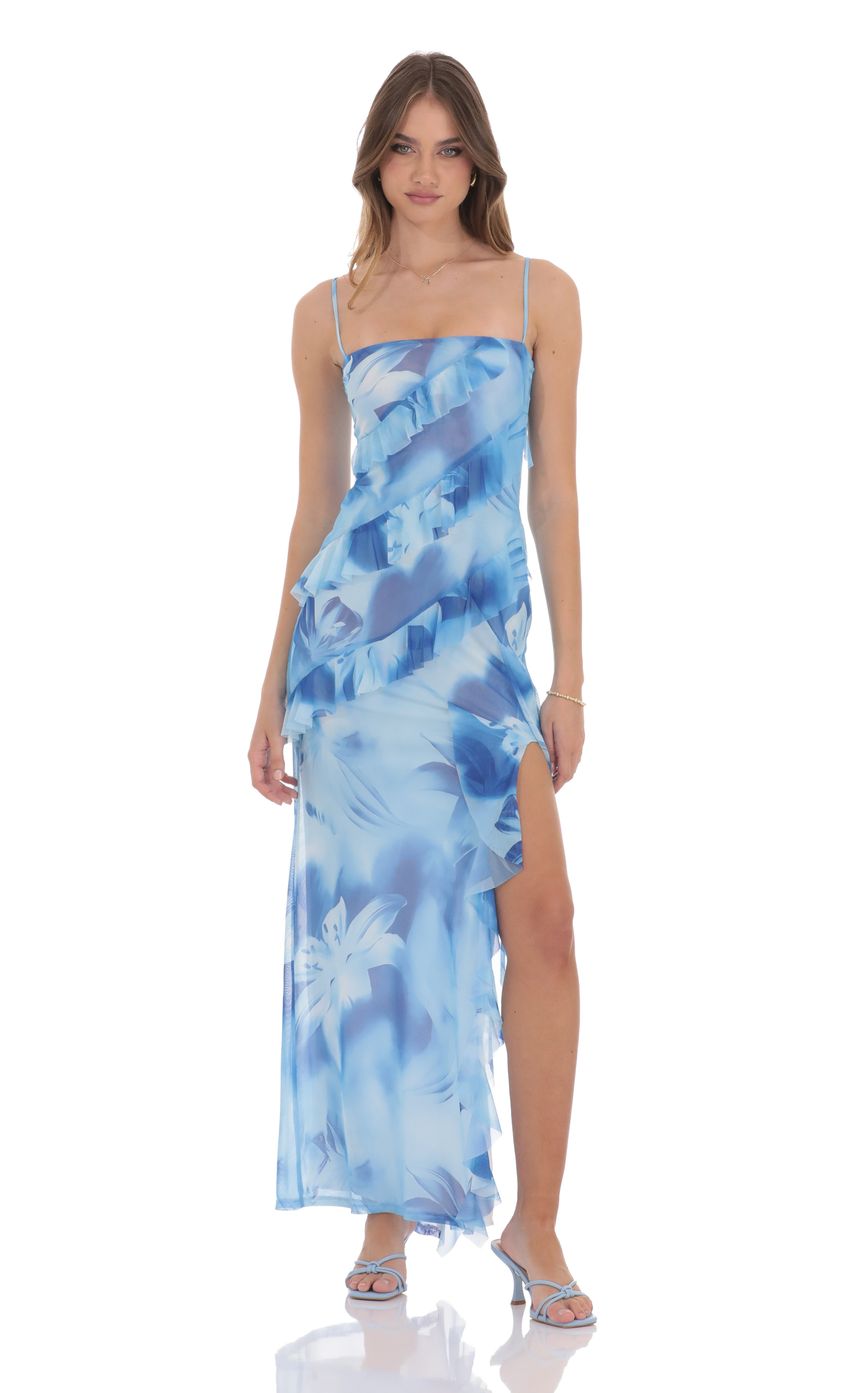Picture Floral Ruffle Mesh Square Neck Maxi Dress in Royal Blue. Source: https://media-img.lucyinthesky.com/data/product-media/850xAUTO/b8a77f52-143d-4e12-a667-66d2634b3104.jpg