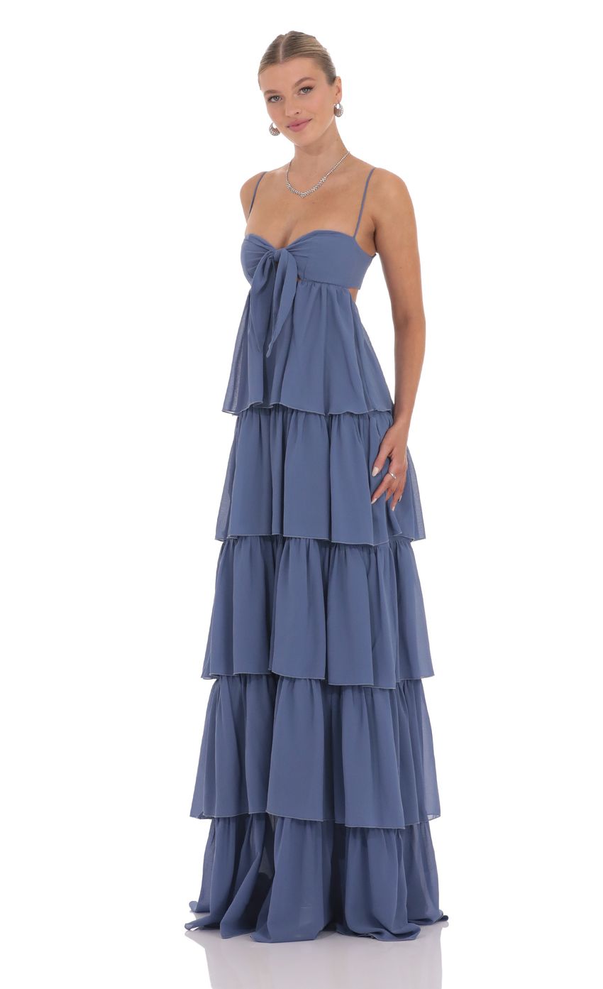Picture Chiffon Front Tie Ruffle Dress in Denim Blue. Source: https://media-img.lucyinthesky.com/data/product-media/850xAUTO/bc470729-1f90-411c-9685-a726a494a1cd.jpg
