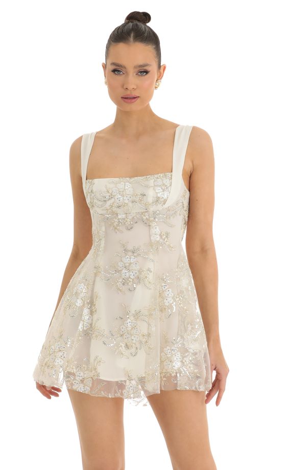 Floral Sequin Tulle Dress in Cream