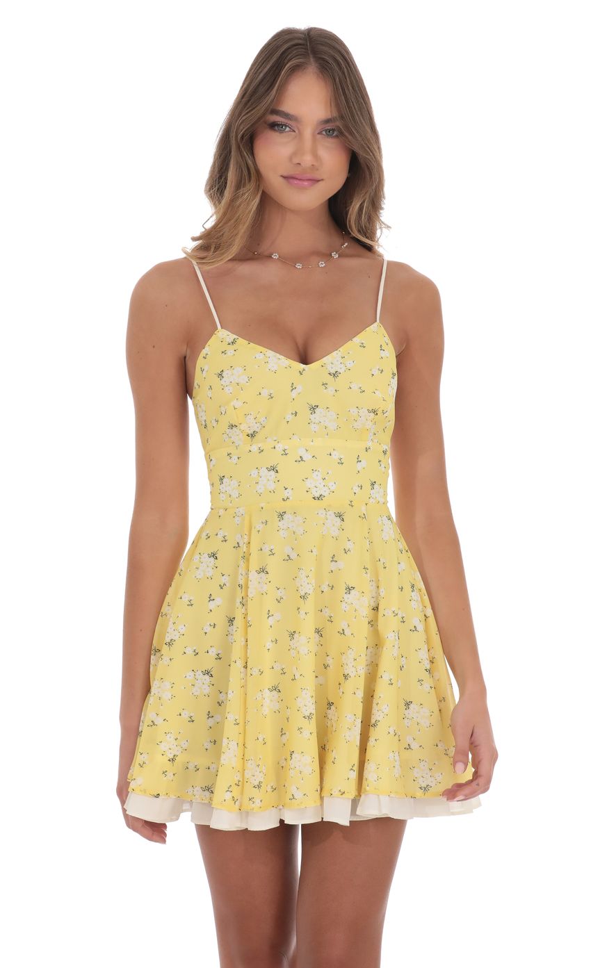 Picture Floral Fit and Flare Dress in Yellow. Source: https://media-img.lucyinthesky.com/data/product-media/850xAUTO/c9452a8e-7dd5-4a8c-982b-3a952cfbc63c.jpg