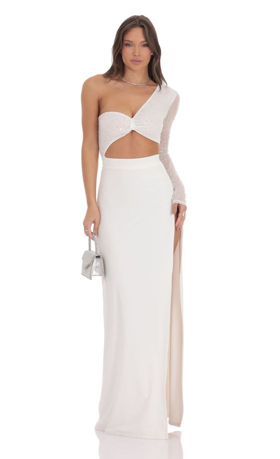 One Shoulder Sequin Maxi Dress in White