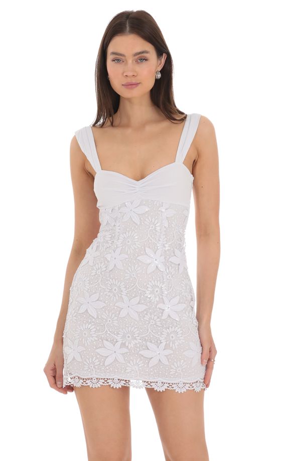 Embroidered Floral Sequin Dress in White