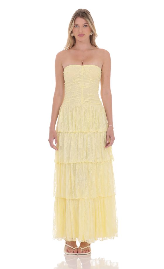 Lace Ruched Ruffle Maxi Dress in Yellow