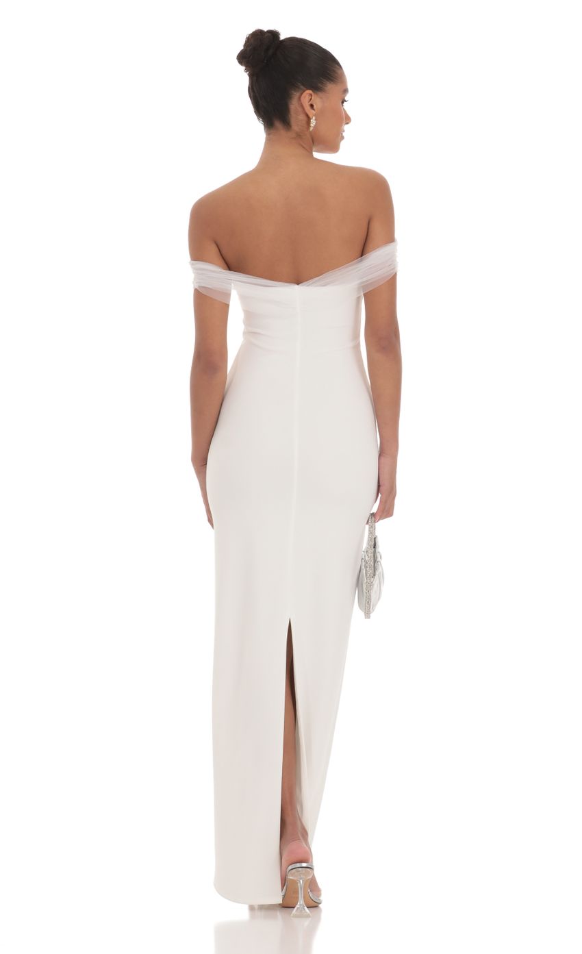 Picture Tulle Off Shoulder Sleeve Maxi Dress in White. Source: https://media-img.lucyinthesky.com/data/Mar24/850xAUTO/d8ca71fb-8fb8-43c5-abb6-20aa168407a2.jpg