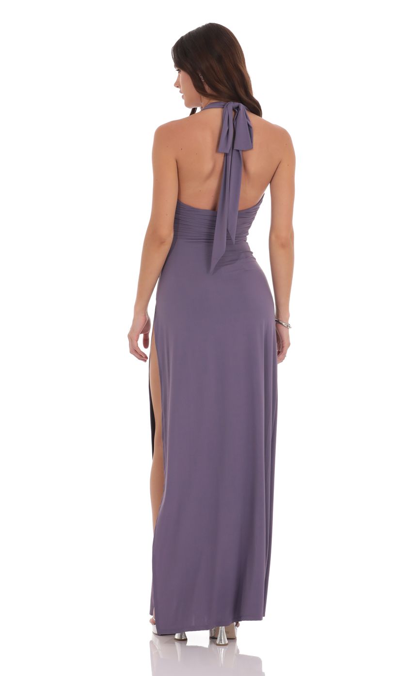 Picture Halter Ruched Maxi Dress in Purple Smoke. Source: https://media-img.lucyinthesky.com/data/product-media/850xAUTO/e3b9ab36-b770-44d8-976d-a874f3cde397.jpg