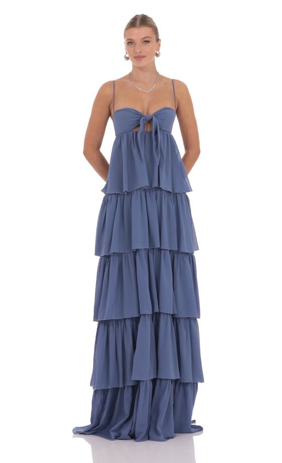 Chiffon Front Tie Ruffle Dress in Denim Blue
