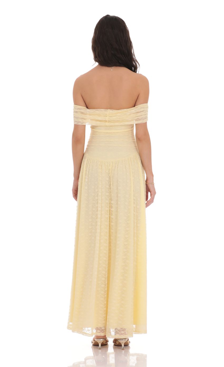 Picture Lace Off Shoulder Maxi Dress in Yellow. Source: https://media-img.lucyinthesky.com/data/product-media/850xAUTO/eb6a4eaf-0570-44cd-85f4-64c714a7bca5.jpg