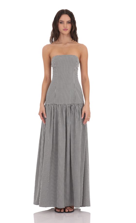 Gingham Strapless Drop Waist Maxi Dress in Black