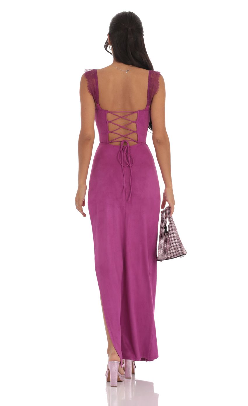Picture Suede Draped Lace Maxi Dress in Magenta. Source: https://media-img.lucyinthesky.com/data/product-media/850xAUTO/eeb45c32-23c8-48a5-910c-8a9499fbfd73.jpg