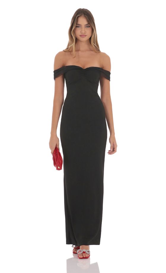 Tulle Off Shoulder Sleeve Maxi Dress in Black